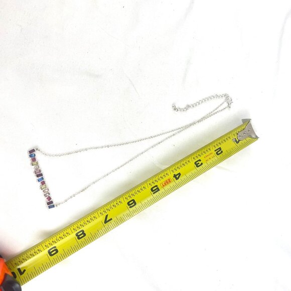 Silver-Tone Chain Necklace With Multi-Color Gem Accents & Abstract Bar Pendant - Picture 10 of 10